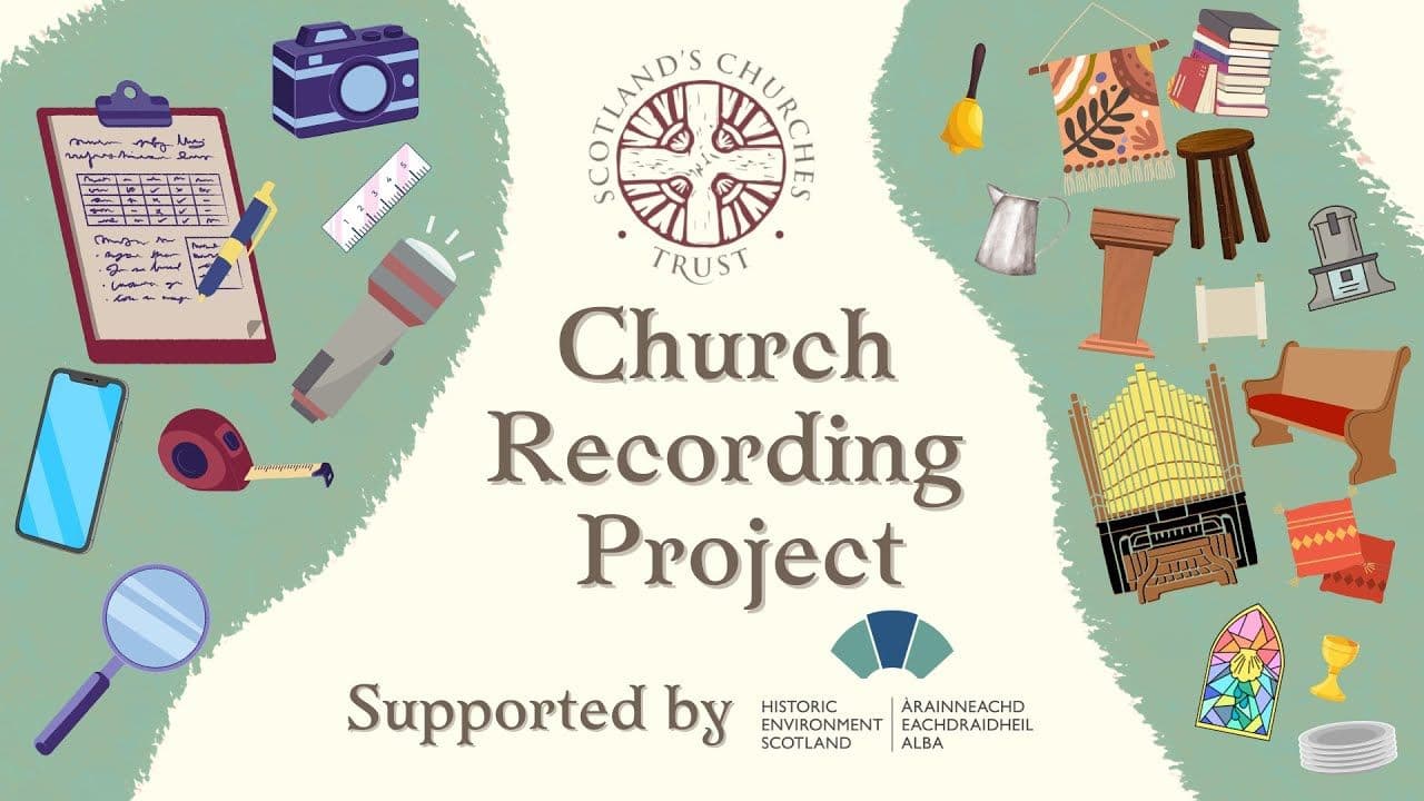 A poster promoting the church recording project. It contains graphics of recording tools and elements of church interiors and exteriors.