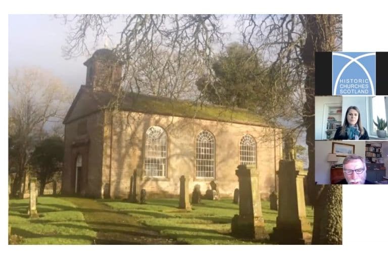 A screenshot from a webinar which features an image of a church, a logo of one of the presenters and two headshots of speakers.